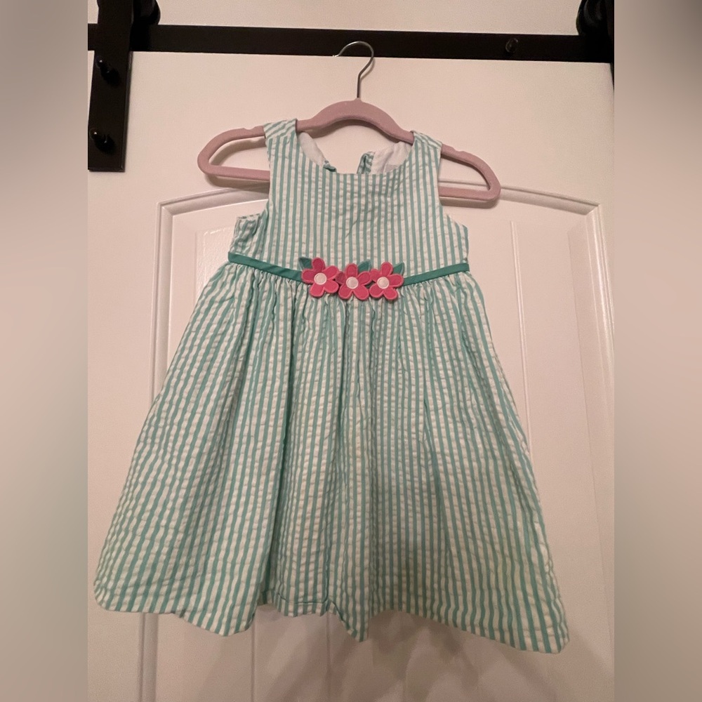 Florence Eiseman Teal and White Striped Dress with Pink Floral Accent